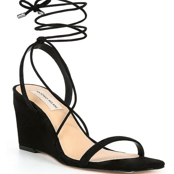 Antonio Melani Black Strappy Suede Wedge Dress Sandals Size 8.5 - Picture 2 of 5